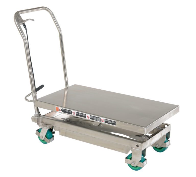 CART-600-D-SS2_A.jpg The Vestil Cart Dbl Scissor boasts a minimalist design in silver stainless steel, with a handle and four green casters. Its flat deck can transport up to 600 lbs, featuring safety labels enhancing its functional appeal.