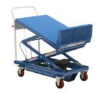 The Vestil Lift & Tilt Cart W/Sequence Select 600Lb is designed with a blue hydraulic lift table, red wheels, and a white handle for optimal tilting and heavy item transport. It features an angled surface that highlights its scissor lift mechanism.