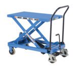 The Vestil HD Premium Scissor Cart 600lb (19 x 33) is a blue hydraulic lift table with a flat platform and X-shaped lift mechanism, featuring four wheels, a black handle, and a foot pedal for easy control.