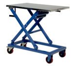 The Vestil Mechanical Scissor Cart 660Lb 37 x 23.5 features a silver top, blue hydraulic lift table, and four red casters. It is designed for moving heavy items with its scissor lift mechanism and handle for easy maneuverability.