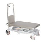 The Vestil Partial Ss Elevating Cart 750Lb 32.5X19.75 boasts a stainless steel body, flat rectangular platform, sturdy handlebar, and four wheels. Designed for heavy-duty tasks, its hydraulic lift supports up to 750 lbs with dimensions of 32.5 x 19.75 inches.