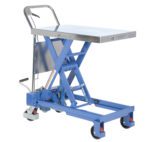 The Vestil Single Hydraulic Cart 750Lb features a 32 x 19.75 metal platform with a blue scissor lift table on wheels and a foot pedal for efficient lifting and lowering of heavy items.