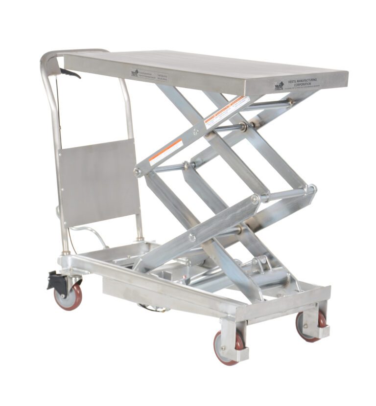 CART-800-D-PSS_A.jpg The Vestil Partial Ss Elevating Cart 800Lb 35.5X20 features a silver hydraulic scissor lift table with an 800 lb capacity, measuring 35.5x20 inches. It includes a flat platform, caster wheels, a maneuvering handle, and a foot pedal for lifting, designed for heavy-duty tasks and optimal mobility.