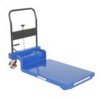 The image shows a Vestil Low Profile Hydraulic Scissor Cart with a blue platform and black handle, perfect for heavy items. It features a 900 lb capacity, auto-shift capability, four wheels, and a flat surface for easy transportation of loads.