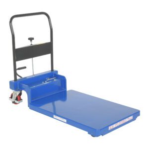 The image shows a Vestil Low Profile Hydraulic Scissor Cart with a blue platform and black handle, perfect for heavy items. It features a 900 lb capacity, auto-shift capability, four wheels, and a flat surface for easy transportation of loads.