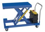 The Vestil Cart Scissor Low Profile 20X40 DC 2000# features a blue design with a yellow handle, black control unit, and four caster wheels for easy mobility. It can lift up to 2000#, making it ideal for transporting heavy loads efficiently.