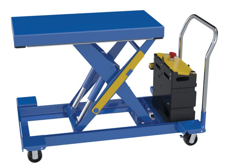 The Vestil Cart Scissor Low Profile 20X40 DC 2000# features a blue design with a yellow handle, black control unit, and four caster wheels for easy mobility. It can lift up to 2000#, making it ideal for transporting heavy loads efficiently.