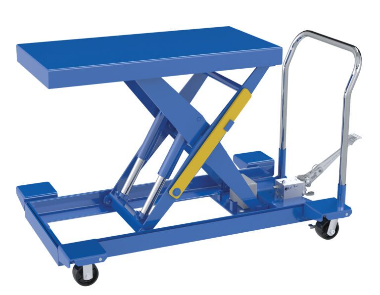 The Vestil Cart Scissor Low Profile Foot Pump 20X40 2000# offers a blue hydraulic table with a rectangular platform, four caster wheels, a metal steering handle, an operational lever, a foot pump, and a yellow safety latch. It supports up to 2000 pounds.