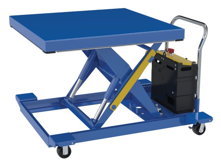 The Vestil Cart Scissor Low Profile 42X42 DC 2000# features a sturdy blue metal frame with a low-profile platform, supports up to 2000 pounds, glides on caster wheels, has a DC control box, and includes a yellow safety bar and metal handle for easy maneuverability.