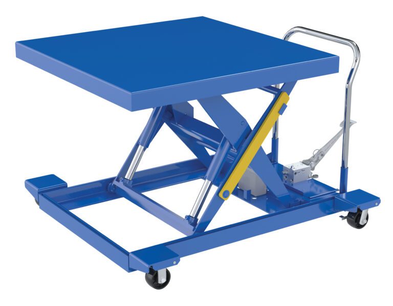 The Vestil Cart Scissor Low Profile Foot Pump 42x42 can easily handle up to 2000 pounds, featuring a robust design with a blue platform, a hydraulic system, yellow lever, silver handle, and wheels for easy mobility.