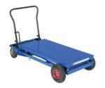 The Vestil Pneumatic Tire Hydraulic Cart supports up to 1000 lbs and features a reliable black handle with four wheels: two large red ones and two smaller swivel wheels, ensuring smooth transport.