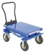 The Vestil Pneumatic Tire Hydraulic Cart, in blue, features a black handle and four durable rubber wheels for transporting up to 400 lbs. Its pneumatic tires boost durability, and warning labels promote safe use.