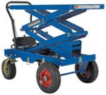 The Vestil Pneumatic Tire Cart Double Scissor 600Lb is a blue hydraulic lift cart with four wheels and a sturdy black handle, featuring a red wheel and pivoting green wheel for easy maneuverability, making it ideal for diverse lifting tasks.