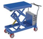 The Vestil Trac Drive Hyd Dbl Elev Cart20X33 1000 24 features a blue scissor lift with a flat platform, red wheels, a sturdy metal handle, an attached control box, and a visible lift mechanism for easy operation.