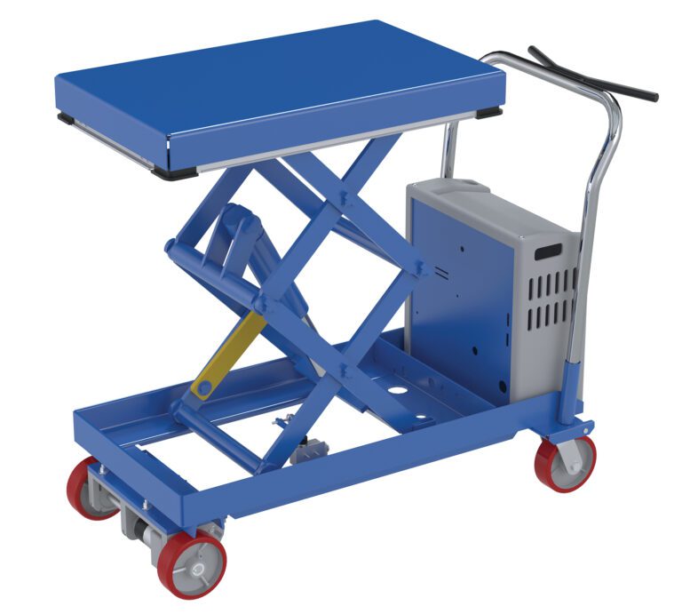 CARTD-1000-2033-CTD_A.jpg The Vestil Trac Drive Hyd Dbl Elev Cart20X33 1000 24 features a blue scissor lift with a flat platform, red wheels, a sturdy metal handle, an attached control box, and a visible lift mechanism for easy operation.
