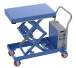 The Vestil Hydraulic Elevating Cart 20X33 1000 Lb 12Dc includes a blue scissor lift table, four red casters, a flat top, a central hydraulic system, and a metal handle at the back. It also features a gray control box on the side.