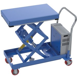 The Vestil Hydraulic Elevating Cart 20X33 1000 Lb 12Dc includes a blue scissor lift table, four red casters, a flat top, a central hydraulic system, and a metal handle at the back. It also features a gray control box on the side.