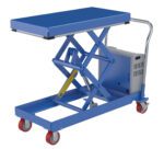 The Vestil Hydraulic Elevating Cart 20X40 750 Lb 12V DC features a blue scissor lift, flat platform, sturdy metal handle, four red wheels, and a yellow safety bar, allowing for easy lifting with its reliable mechanism.