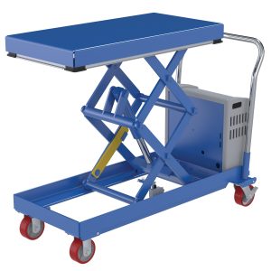 The Vestil Hydraulic Elevating Cart 20X40 750 Lb 12V DC features a blue scissor lift, flat platform, sturdy metal handle, four red wheels, and a yellow safety bar, allowing for easy lifting with its reliable mechanism.