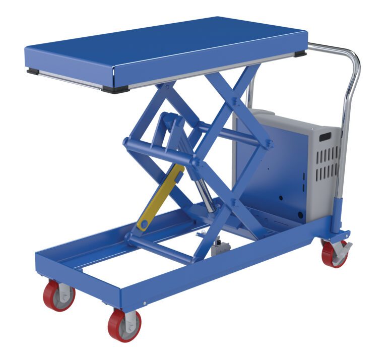 CARTD-750-2040-DC_A.jpg The Vestil Hydraulic Elevating Cart 20X40 750 Lb 12V DC features a blue scissor lift, flat platform, sturdy metal handle, four red wheels, and a yellow safety bar, allowing for easy lifting with its reliable mechanism.
