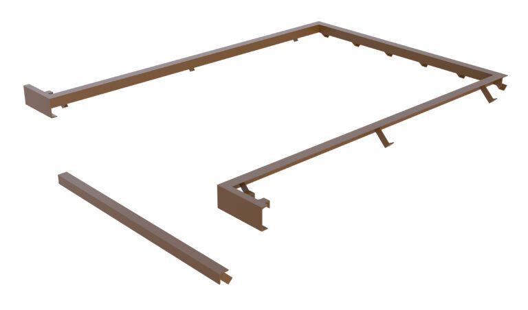 An image shows a simple, rectangular brown metal frame similar to the Vestil Dockleveler Option-Curb Angle Set 6X10, with a separate bar and several side hooks or connectors against a plain white background.