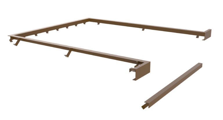 This brown metal frame is similar to the Vestil Dockleveler Option-Curb Angle Set 7X10. It features a detached side piece with hooks along the inner edges, ideal for supporting panels or signs by aligning with the frames open side.
