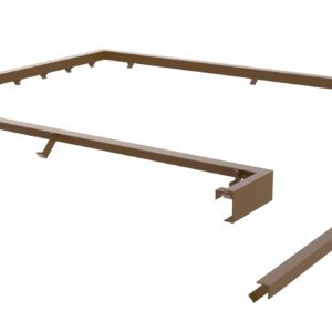 This brown metal frame is similar to the Vestil Dockleveler Option-Curb Angle Set 7X10. It features a detached side piece with hooks along the inner edges, ideal for supporting panels or signs by aligning with the frames open side.