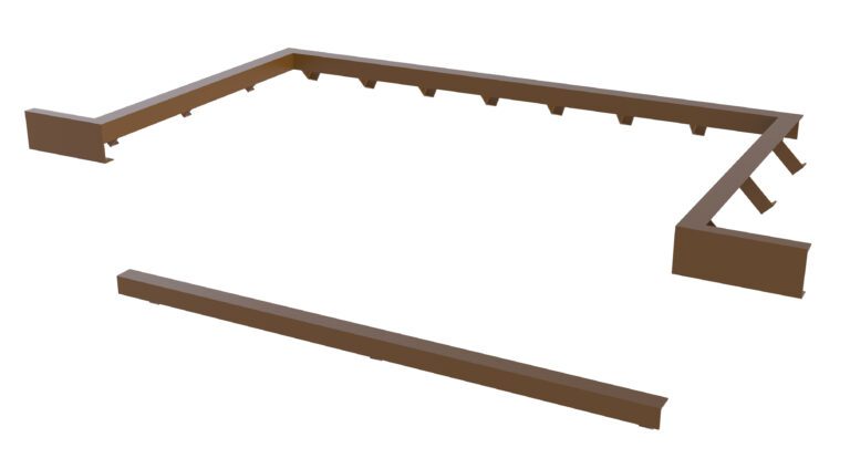 A brown L-shaped frame with several inner notches, similar to the Vestil Dockleveler Option-Curb Angle Set 7X5, is set against a white background. A matching straight piece is neatly aligned parallel below it.
