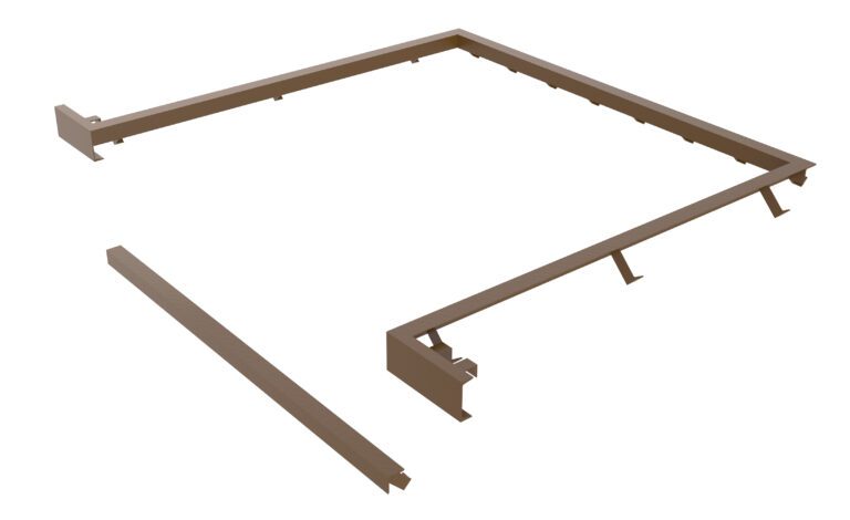 A brown, L-shaped metal frame with a detached sidebar on a white background has several small brackets along the inner edges, similar to the Vestil Dockleveler Option-Curb Angle Set 7X8, which is renowned for its functionality and durability.