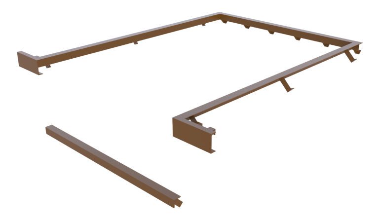 A 3D rendering features the Vestil Curb Angle Set for RU-1000, showing a brown rectangular frame with disassembled sections. The complete piece includes two assembled sides and one detached segment below, measuring 131 x 88.