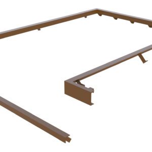 A 3D rendering features the Vestil Curb Angle Set for RU-1000, showing a brown rectangular frame with disassembled sections. The complete piece includes two assembled sides and one detached segment below, measuring 131 x 88.