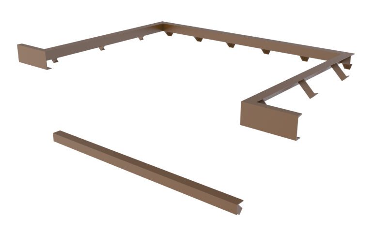 3D render of a rectangular frame with corner brackets and a separate piece, resembling the Vestil Curb Angle Set for RU-600 85 x 88, used as a construction or assembly component with side mounting brackets against a white background.