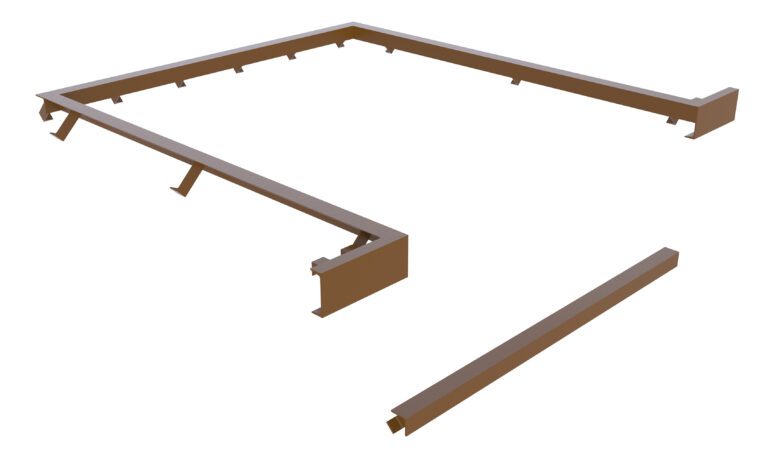 3D rendering of a brown rectangular frame with detachable parts, akin to the Vestil Curb Angle Set for RU-800-F 113 x 88. It includes a large corner piece with smaller extensions and assembly tabs, plus a parallel straight piece below.