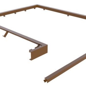 3D rendering of a brown rectangular frame with detachable parts, akin to the Vestil Curb Angle Set for RU-800-F 113 x 88. It includes a large corner piece with smaller extensions and assembly tabs, plus a parallel straight piece below.