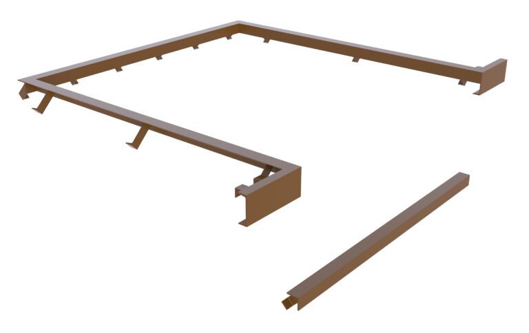 The brown, L-shaped frame, inspired by the Vestil Curb Angle Set for RU-800 107 x 88, showcases a sleek minimalist design with an extra straight piece and interlocking edges on a white background.