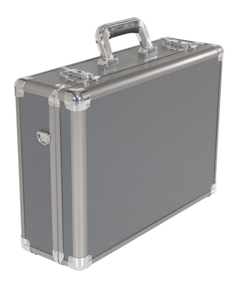 The Vestil Aluminum Carrying Case 13 X 14.5 X 6 features a sleek gray metallic look with chrome accents, secure clasps, a sturdy handle, and reinforced corners, offering a modern and professional appearance suitable for any occasion.