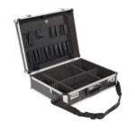 The Vestil Aluminum Storage Case W/ Combo Lock, measuring 14 X 18 X 6, boasts a sleek silver finish with a black handle and shoulder strap. Its interior has adjustable padded dividers for secure organization of equipment or accessories, making it ideal for carrying tools or electronics safely.