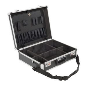 The Vestil Aluminum Storage Case W/ Combo Lock, measuring 14 X 18 X 6, boasts a sleek silver finish with a black handle and shoulder strap. Its interior has adjustable padded dividers for secure organization of equipment or accessories, making it ideal for carrying tools or electronics safely.