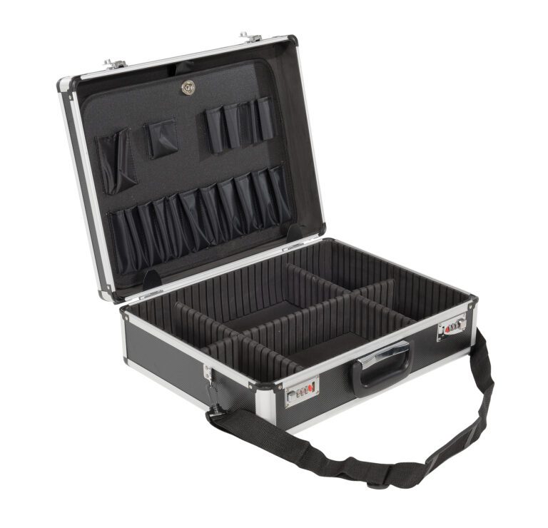 The Vestil Aluminum Storage Case W/ Combo Lock, measuring 14 X 18 X 6, boasts a sleek silver finish with a black handle and shoulder strap. Its interior has adjustable padded dividers for secure organization of equipment or accessories, making it ideal for carrying tools or electronics safely.