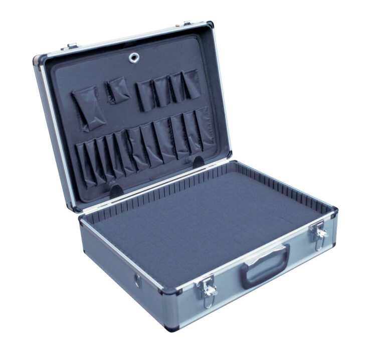 CASE-1814-FM_A.jpg The Vestil Aluminum Carrying Case-Foam Insert 40Lb has a black interior with assorted-sized lid compartments, a spacious padded base, metallic edges, and a robust black handle for enhanced protection and organization.