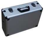 The Vestil Aluminum Carrying Case 40Lb 14 X 18 X 6 features a textured silver aluminum exterior with a black handle, reinforced corners, and metal latches on top, showcasing an angled view of the front and part of the top.