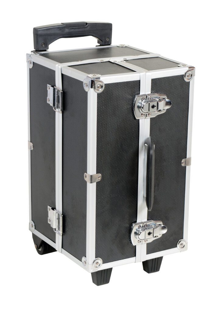 The Vestil Aluminum Frame Case-Eva Lining 16X10X11 is a sleek black and silver rectangular rolling case with a retractable top handle, two wheels, metal corner protectors, and secure front latches for durability.