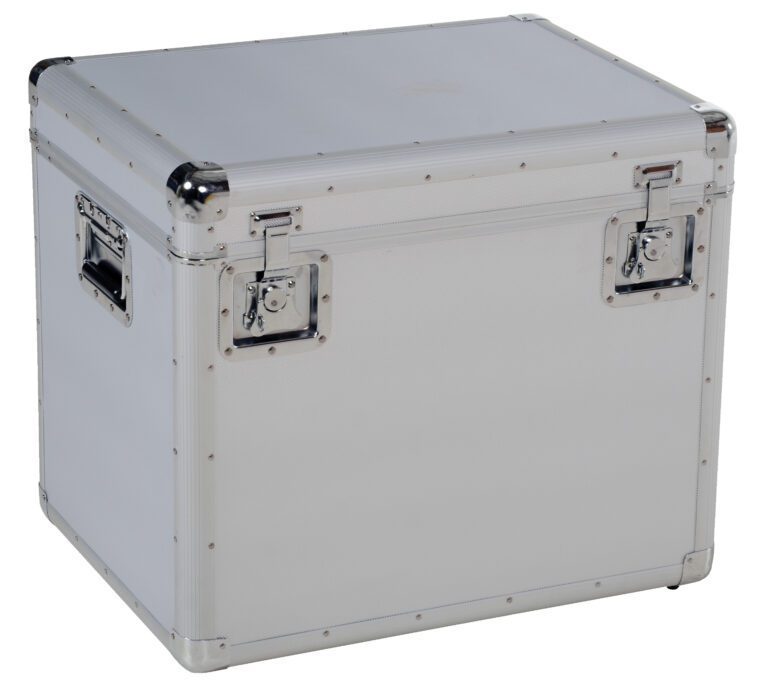 The Vestil Large Aluminum Storage Case 18X24X20, in metallic silver, features reinforced corners, sturdy latches, and side handles for secure transport or storage. Its sleek industrial design provides a robust solution for your needs.