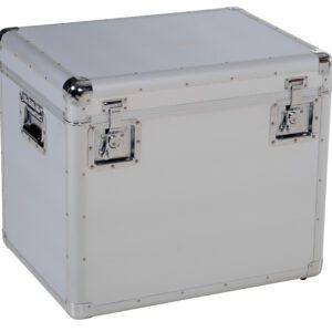 The Vestil Large Aluminum Storage Case 18X24X20, in metallic silver, features reinforced corners, sturdy latches, and side handles for secure transport or storage. Its sleek industrial design provides a robust solution for your needs.