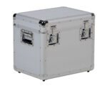 The Vestil Small Aluminum Case 14.15 X 19 X 16.15 is a sleek, industrial silver metal storage box with a hinged lid, secure latches, reinforced corners, and side handles for easy transport against a minimalist white backdrop.