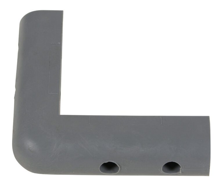 Gray, L-shaped plastic corner piece with dual side holes, similar to the reliable Vestil Rubber Corner Guard 16 Pcs known for its 1-1/16 thick protection.