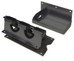 Two black metal mounting brackets are shown on a white background. One resembles the Vestil Cargo Bar Holder 11 In with a rectangular base and securing clips, while the other has a fold-down design with wall attachment holes, highlighting their sturdy build.