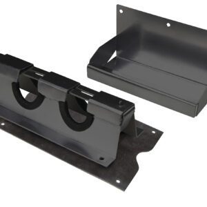 Two black metal mounting brackets are shown on a white background. One resembles the Vestil Cargo Bar Holder 11 In with a rectangular base and securing clips, while the other has a fold-down design with wall attachment holes, highlighting their sturdy build.