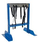 The Vestil Cylinder Bracket Stand 4 Cylinder Cap includes a blue metal frame with a gray top panel, featuring multiple black straps with buckles for secure suspension or support.