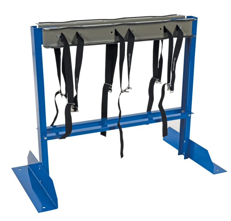 CB-ST-6_A.jpg The blue metal frame features a padded green top and multiple hanging black straps with clips, offering strong support for physical therapy or rehab. It ensures stability as reliably as the Vestil Cylinder Bracket Stand 6 Cylinder Cap.